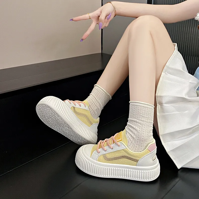 BBMTR Skateboard Shoes Women's Low Top Cream Puff Yellow Puff Powder Cream Puff White-4