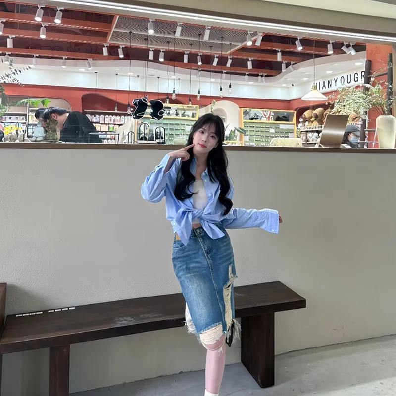 Gentle Welcome Denim Long Skirt Women's Vintage Blue-2