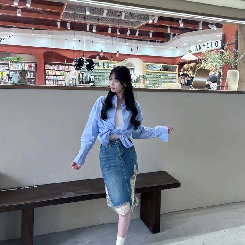 Gentle Welcome Denim Long Skirt Women's Vintage Blue-4
