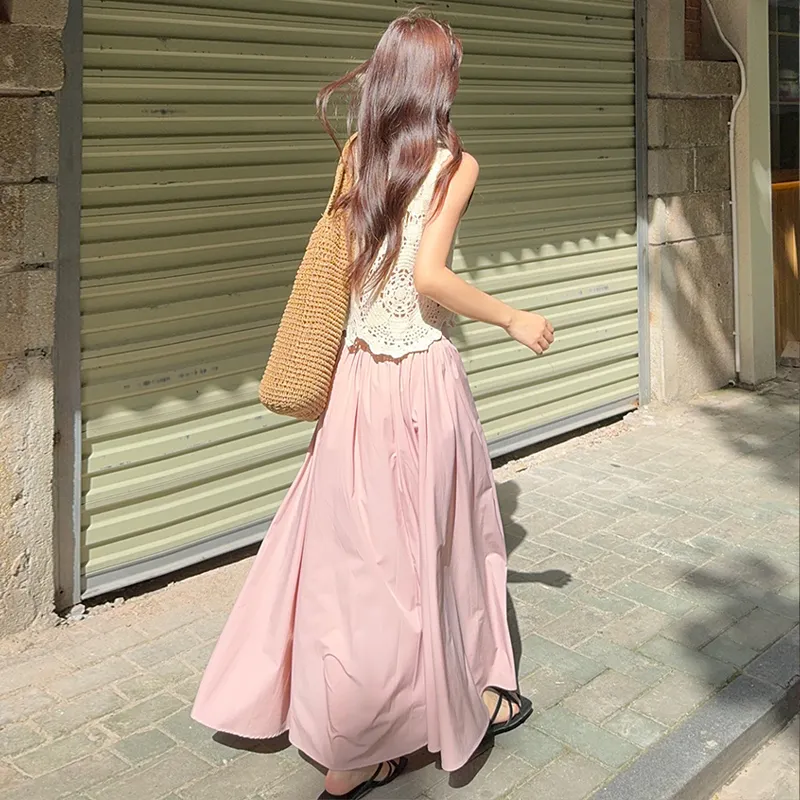Gentle Welcome Skirt Set Women's Ecru Top+Pink Skirt-4