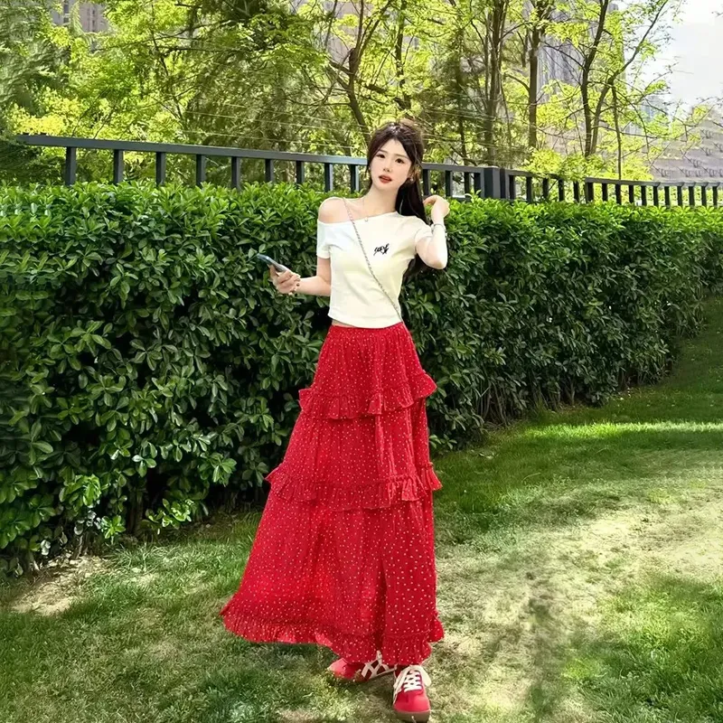 Gentle Welcome Skirt Set Women's White Top+Red Skirt-2