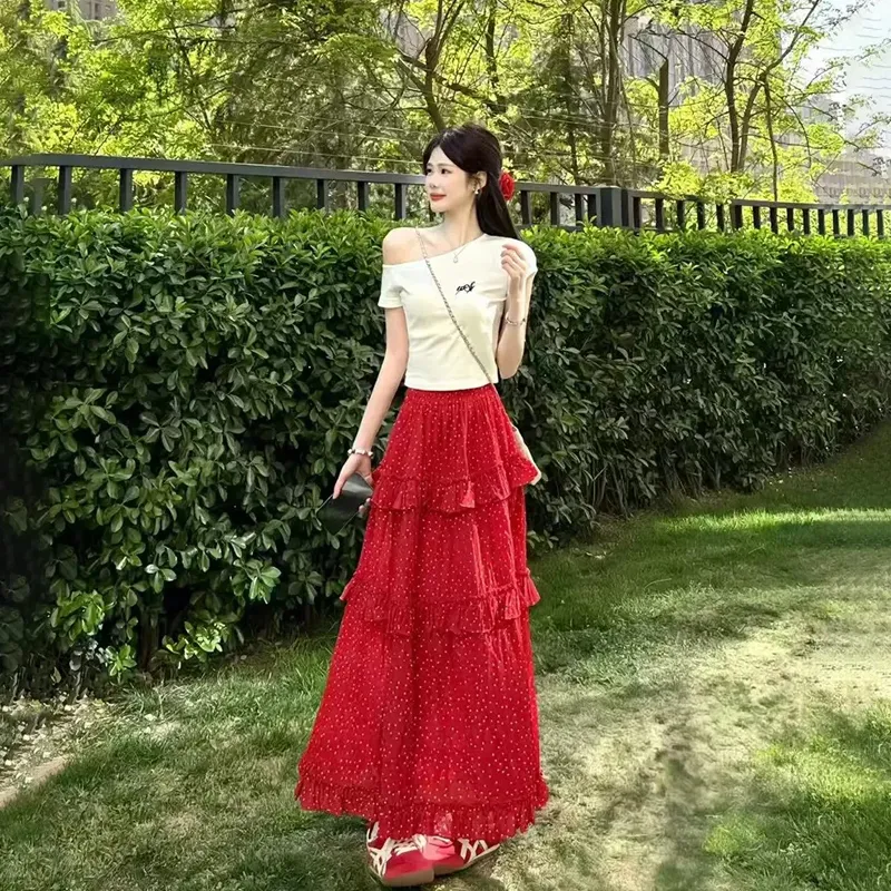 Gentle Welcome Skirt Set Women's White Top+Red Skirt-3