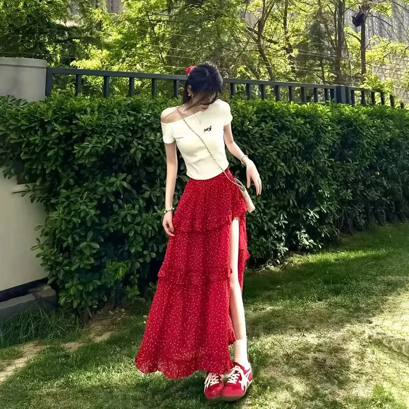 Gentle Welcome Skirt Set Women's White Top+Red Skirt-4