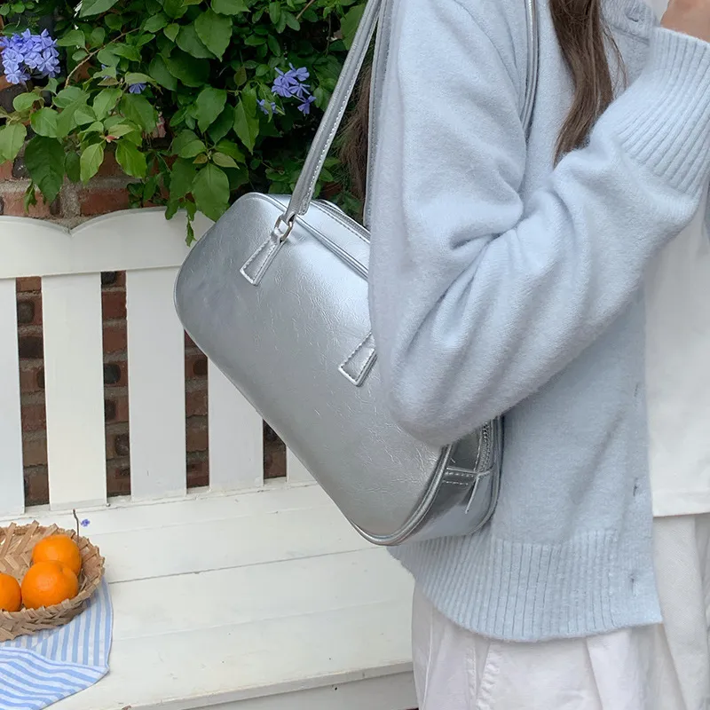 Carksky PU Shoulder Bag Women's Silver/White/Black-4