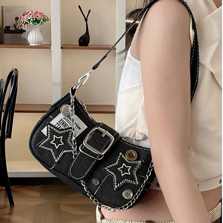 Carksky Denim Underarm One Shoulder Handbag Women's Black-4