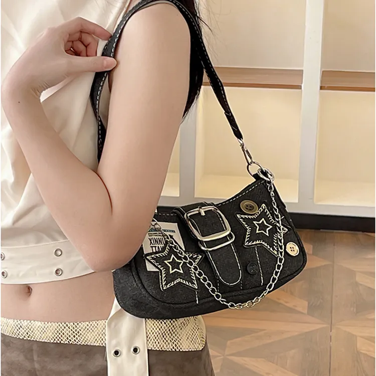 Carksky Denim Underarm One Shoulder Handbag Women's Black-3