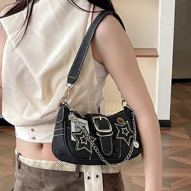 Carksky Denim Underarm One Shoulder Handbag Women's Black-2