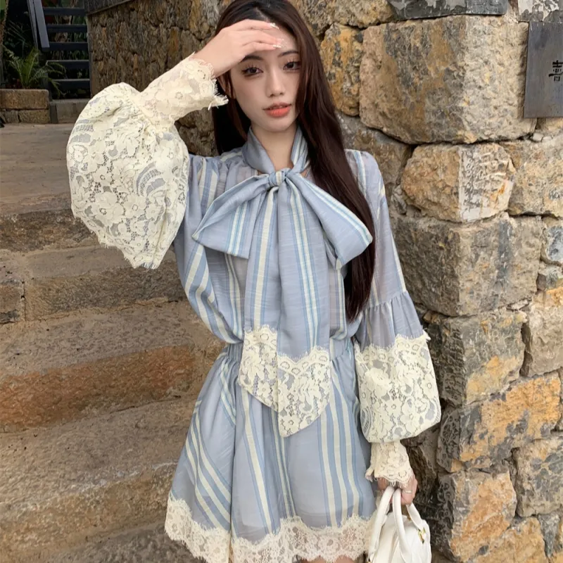 TASTILY Skirt Set Women's Blue Stripes Pattern-5