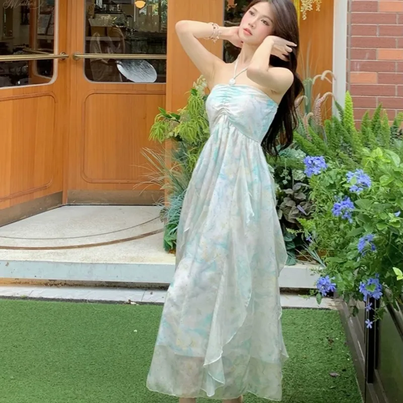 TASTILY Slip Dresses Women's White Blue-4