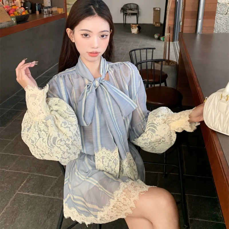 TASTILY Skirt Set Women's Blue Stripes Pattern-11