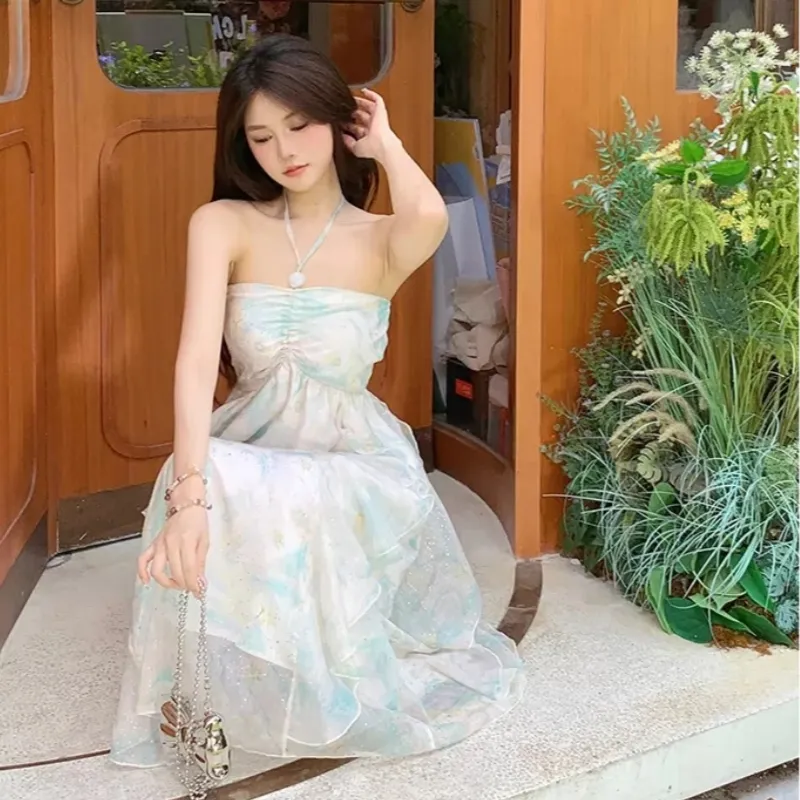 TASTILY Slip Dresses Women's White Blue-7