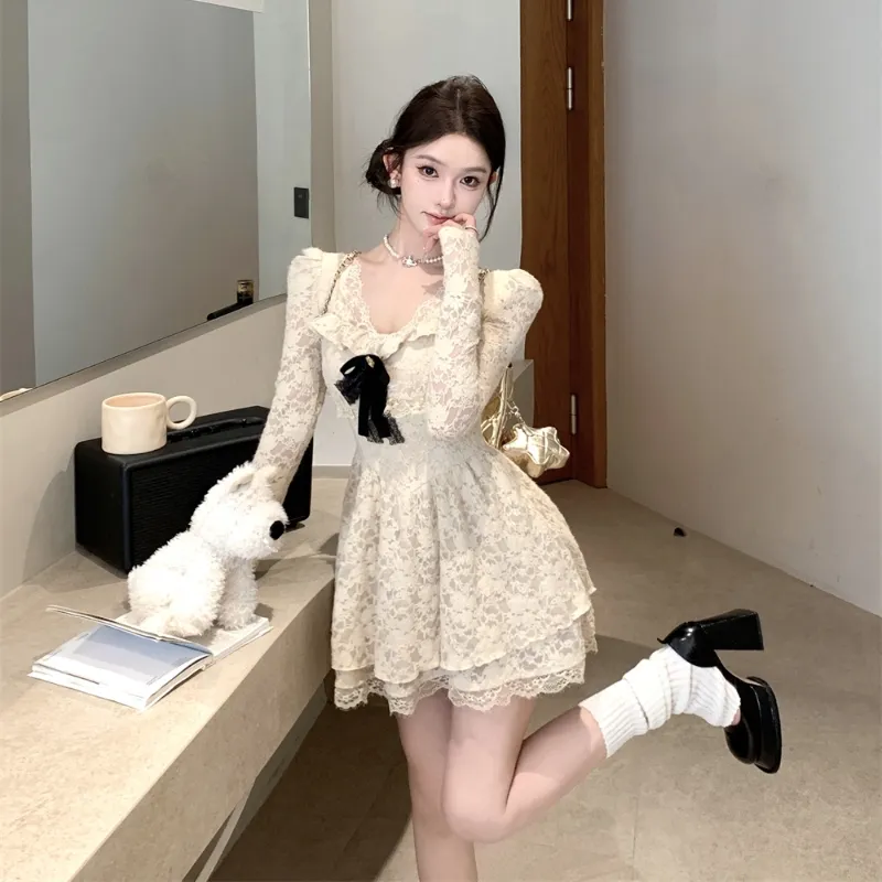 TASTILY Long Sleeved Dresses Women's White-3