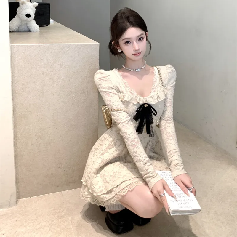 TASTILY Long Sleeved Dresses Women's White-6