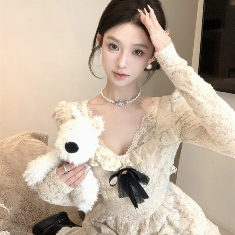 TASTILY Long Sleeved Dresses Women's White-13