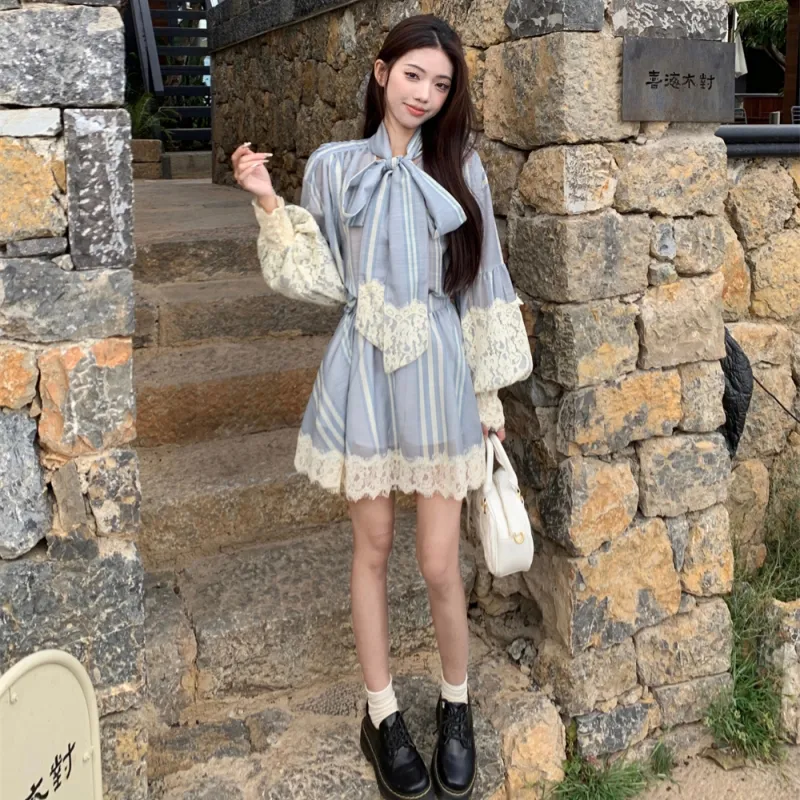 TASTILY Skirt Set Women's Blue Stripes Pattern-2