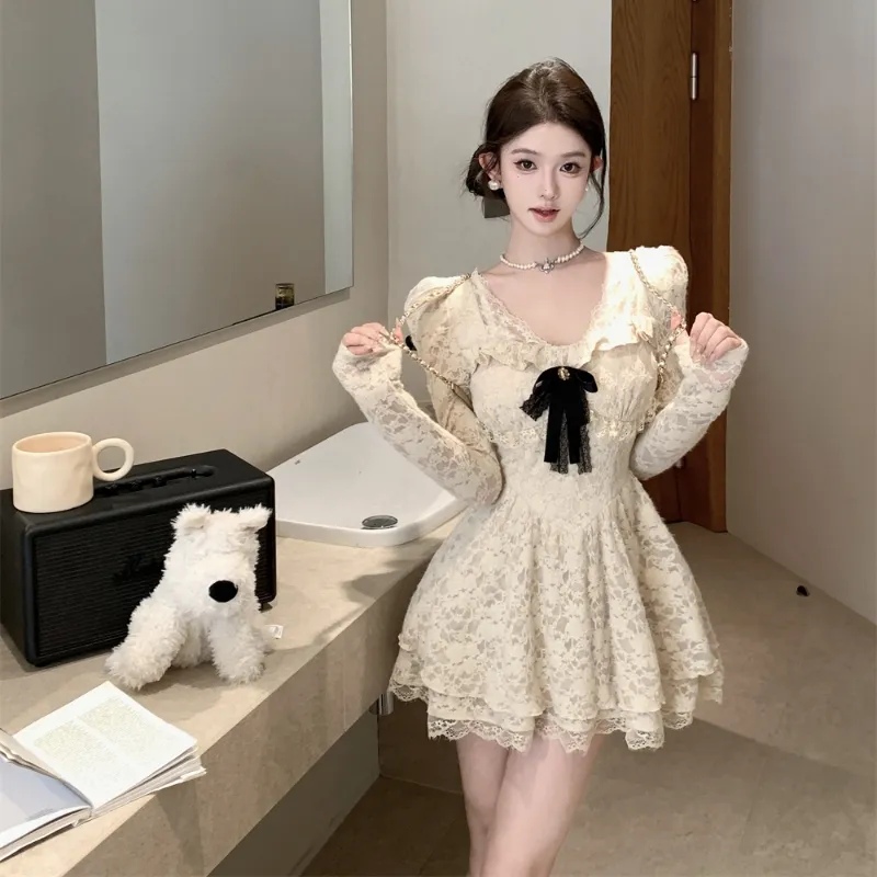 TASTILY Long Sleeved Dresses Women's White-4