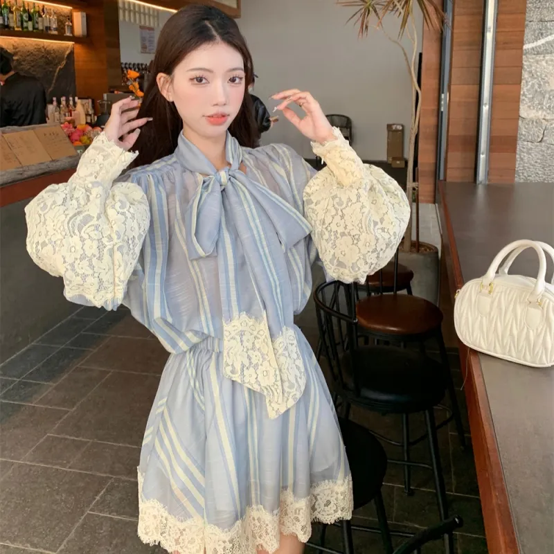 TASTILY Skirt Set Women's Blue Stripes Pattern-3