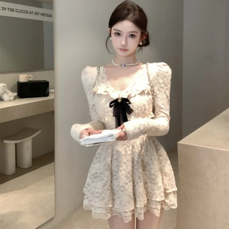 TASTILY Long Sleeved Dresses Women's White-5