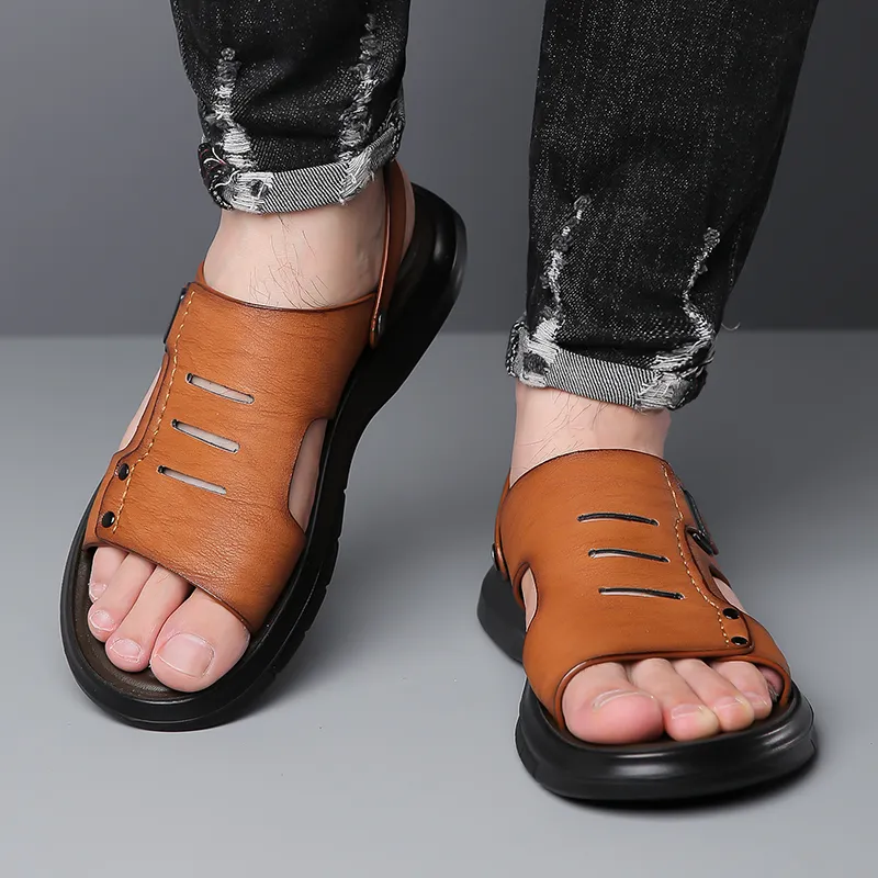 PAMATE Beach Sandals Men Gray/Yellow/Brown-15