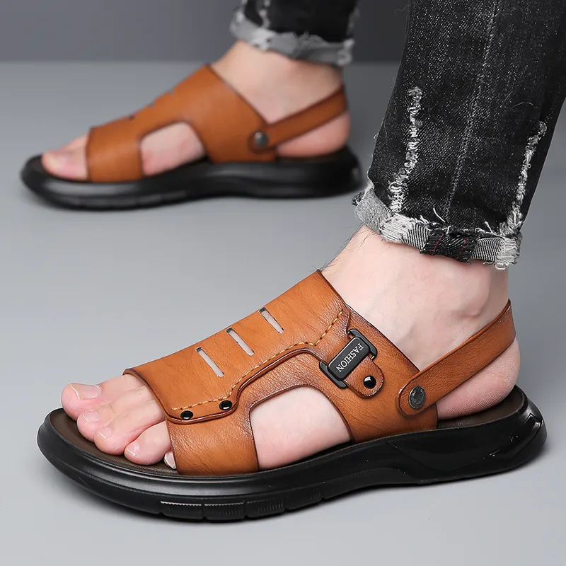 PAMATE Beach Sandals Men Gray/Yellow/Brown-12