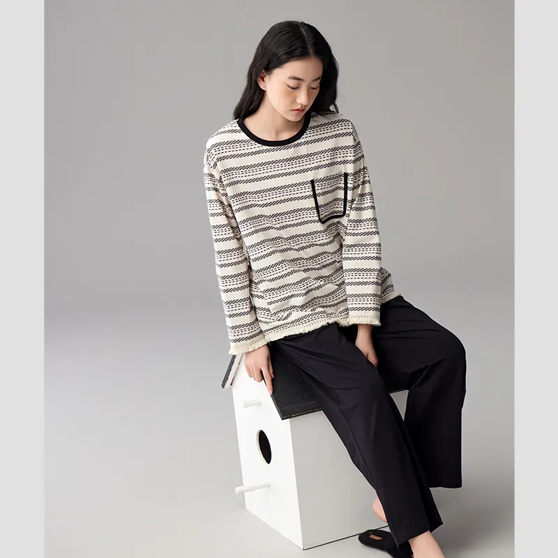 Peninsula City Pajama Set Women's Vintage Black And White Stripes-4
