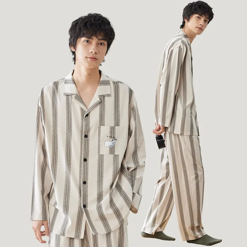 Peninsula City Pajama Set Men's Gift Box Set Ecru Stripes With Gray-2