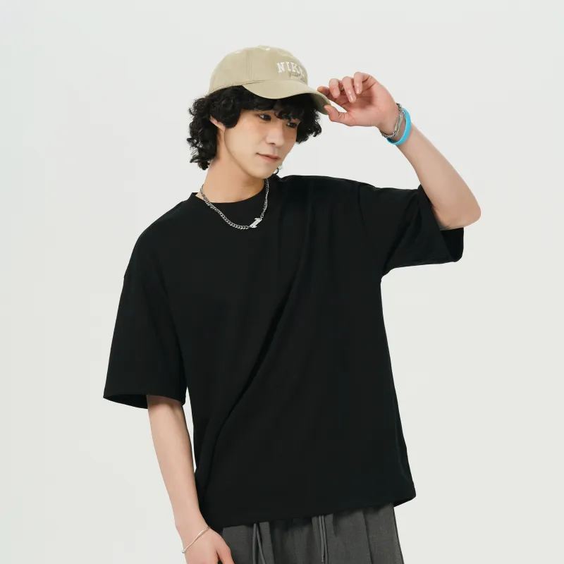 FAVEPOP Loose Fit Casual 100% Cotton Off The Shoulder Crew Neck Short Sleeved T Shirts Unisex-9