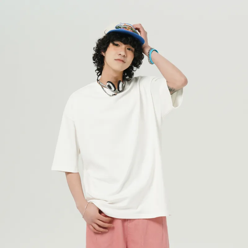 FAVEPOP Loose Fit Casual 100% Cotton Off The Shoulder Crew Neck Short Sleeved T Shirts Unisex-3