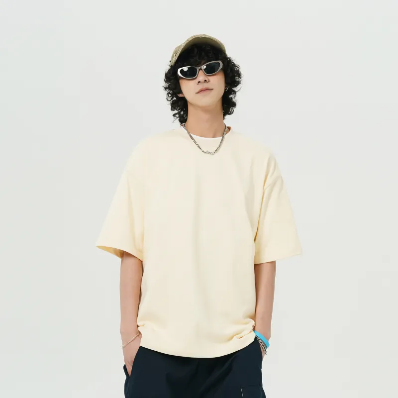 FAVEPOP Loose Fit Casual 100% Cotton Off The Shoulder Crew Neck Short Sleeved T Shirts Unisex-25