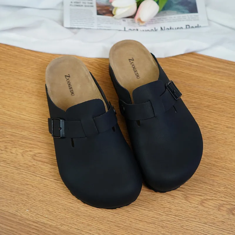 Zuogedu Abrasion Resistant Slip Resistant Closed Toe Slippers Unisex Black Leather-3