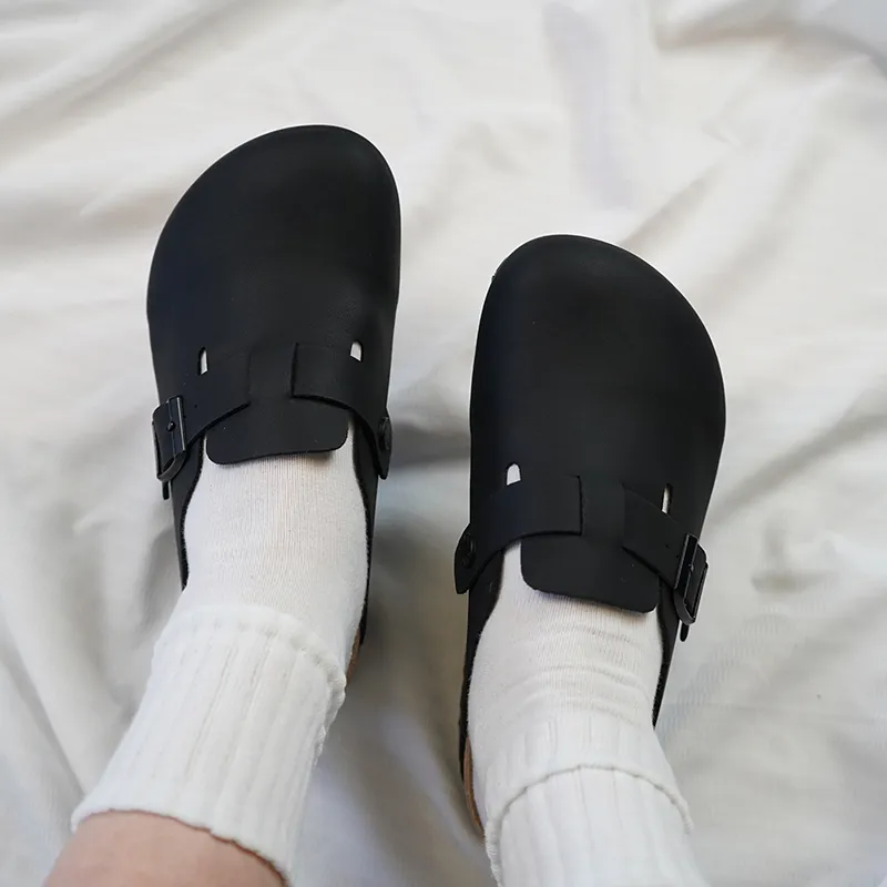 Zuogedu Abrasion Resistant Slip Resistant Closed Toe Slippers Unisex Black Leather-2