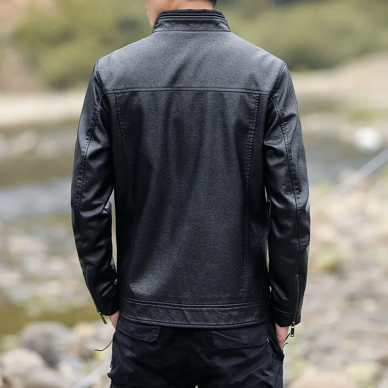 PIERRE CARDIN Stand Collar Leather Jacket Unisex-5