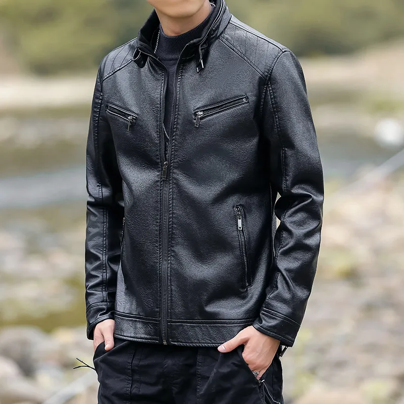 PIERRE CARDIN Stand Collar Leather Jacket Unisex-2
