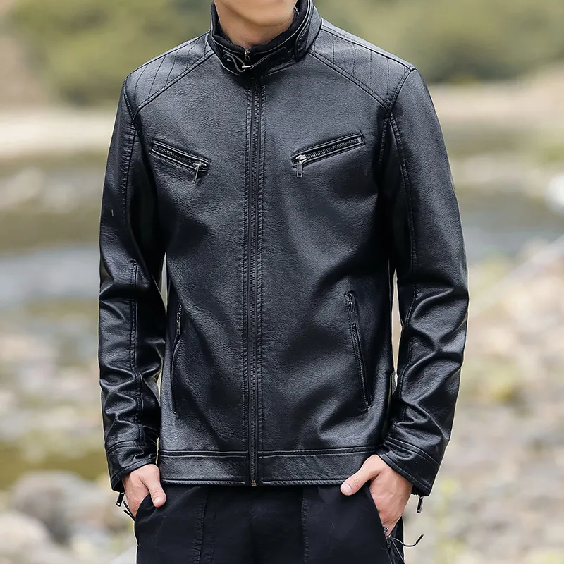 PIERRE CARDIN Stand Collar Leather Jacket Unisex-1