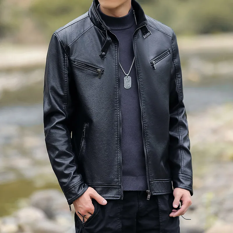 PIERRE CARDIN Stand Collar Leather Jacket Unisex-3