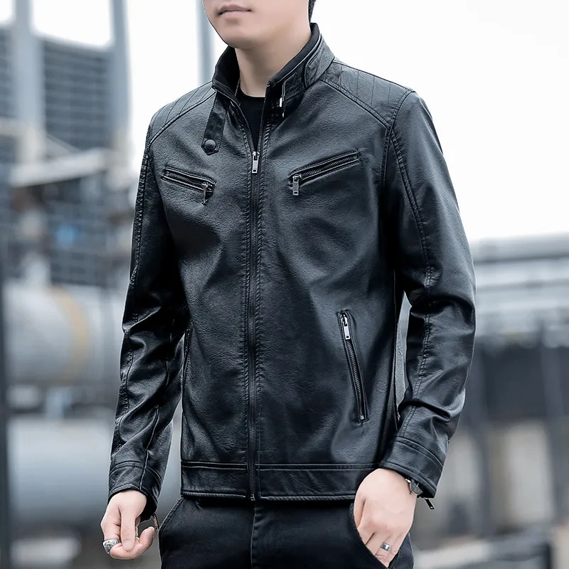 PIERRE CARDIN Stand Collar Leather Jacket Unisex-18