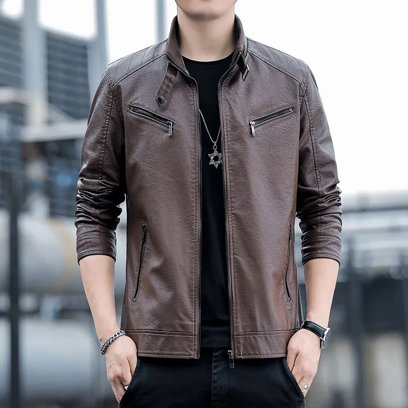PIERRE CARDIN Stand Collar Leather Jacket Unisex-30