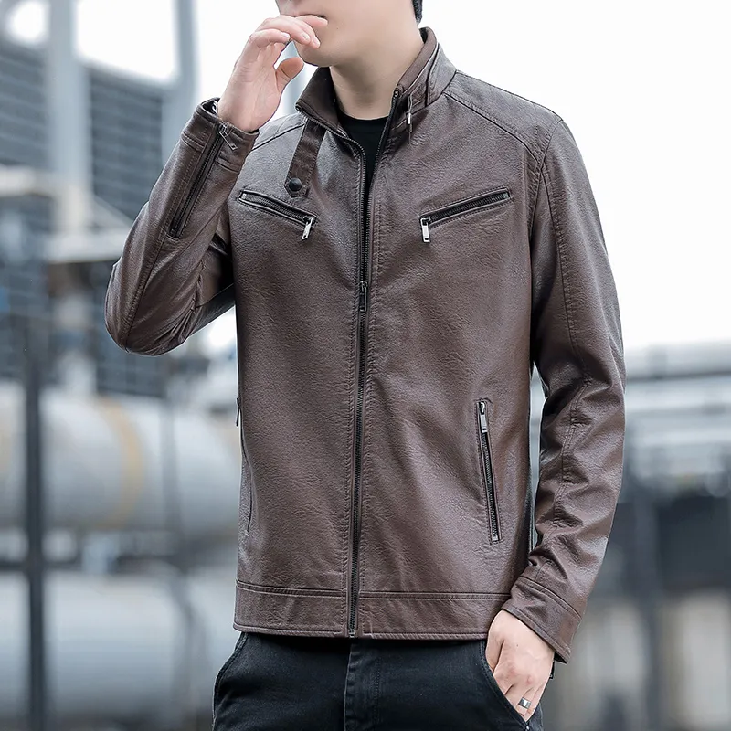 PIERRE CARDIN Stand Collar Leather Jacket Unisex-29
