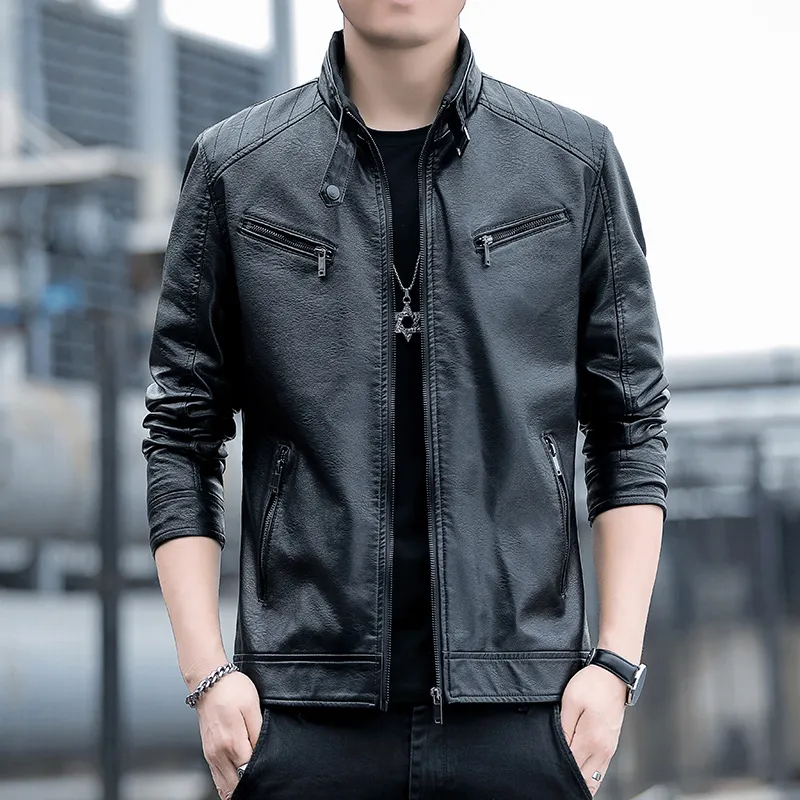 PIERRE CARDIN Stand Collar Leather Jacket Unisex-19