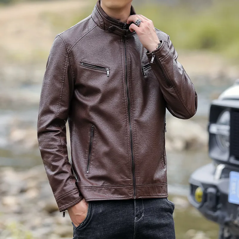 PIERRE CARDIN Stand Collar Leather Jacket Unisex-11
