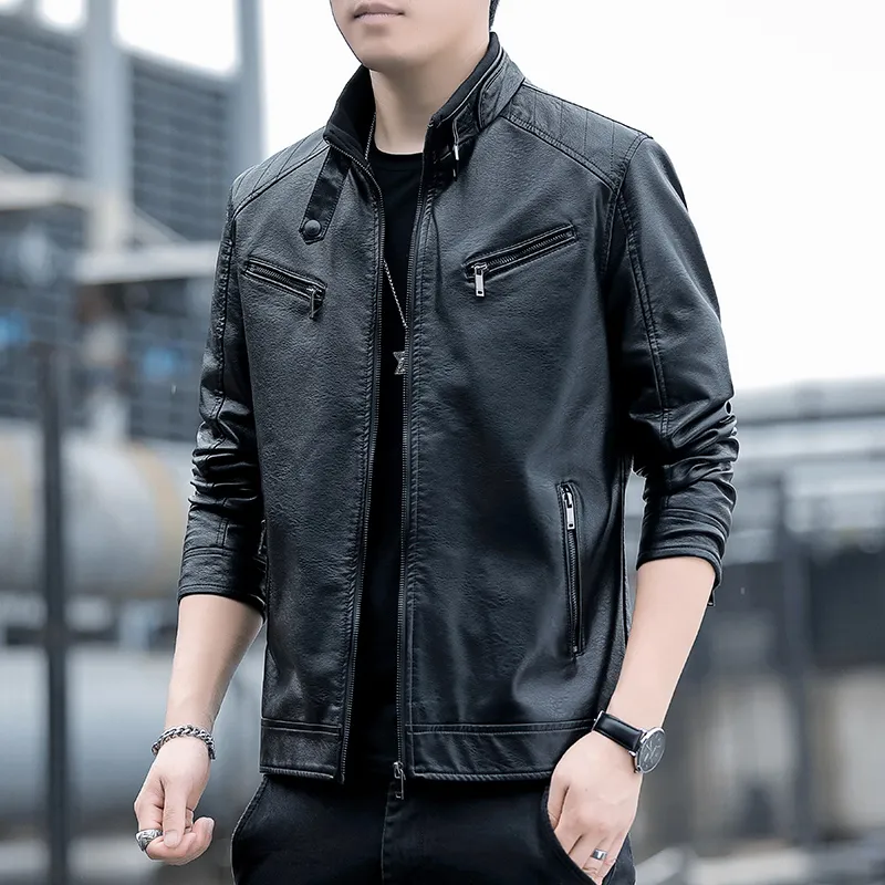 PIERRE CARDIN Stand Collar Leather Jacket Unisex-20