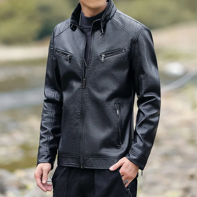 PIERRE CARDIN Stand Collar Leather Jacket Unisex-4
