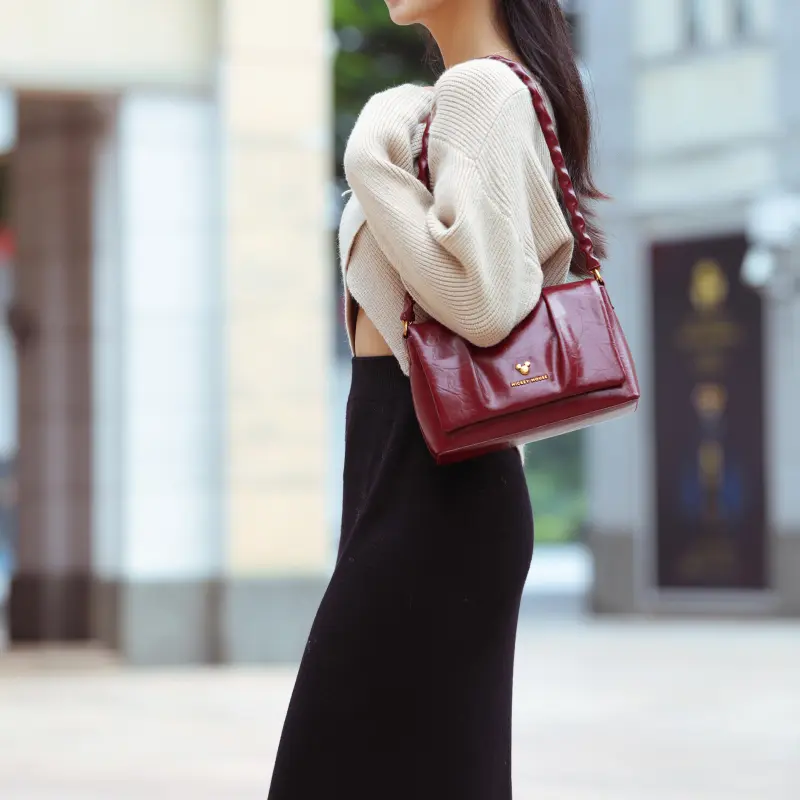 Disney PU Pleated Small Square Bag Regular Women's Black/Coffee/Burgundy-12
