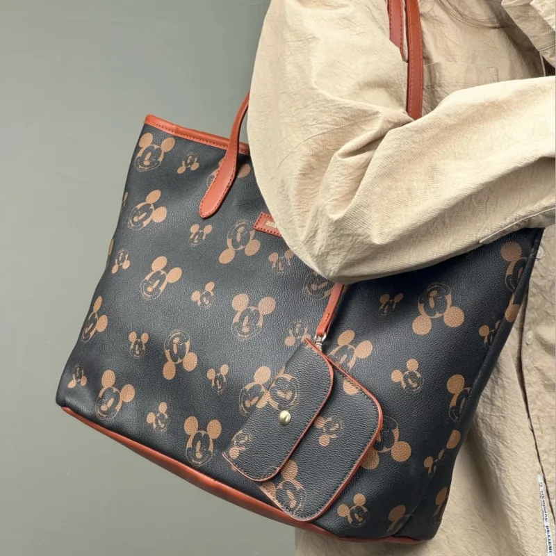 Disney Mickey Series Leather Tote Bag, Shopping Bag, Shoulder Bag Women's Dark Brown-1