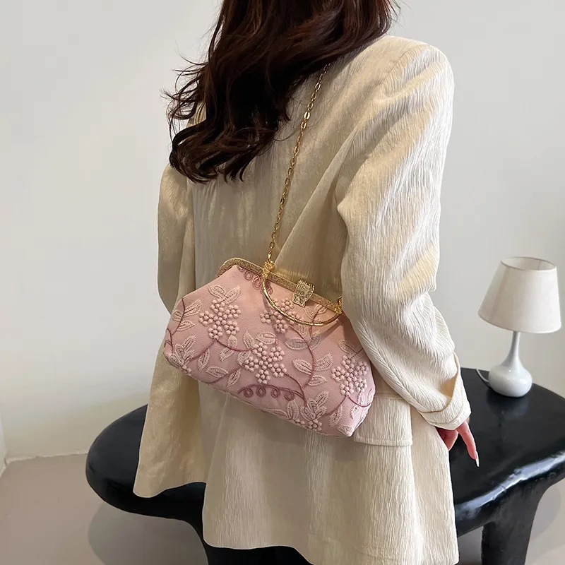 Fitchell Embroidery Shoulder Bag, Crossbody Bag, Handbag Regular Women's Pink/White/Blue-1