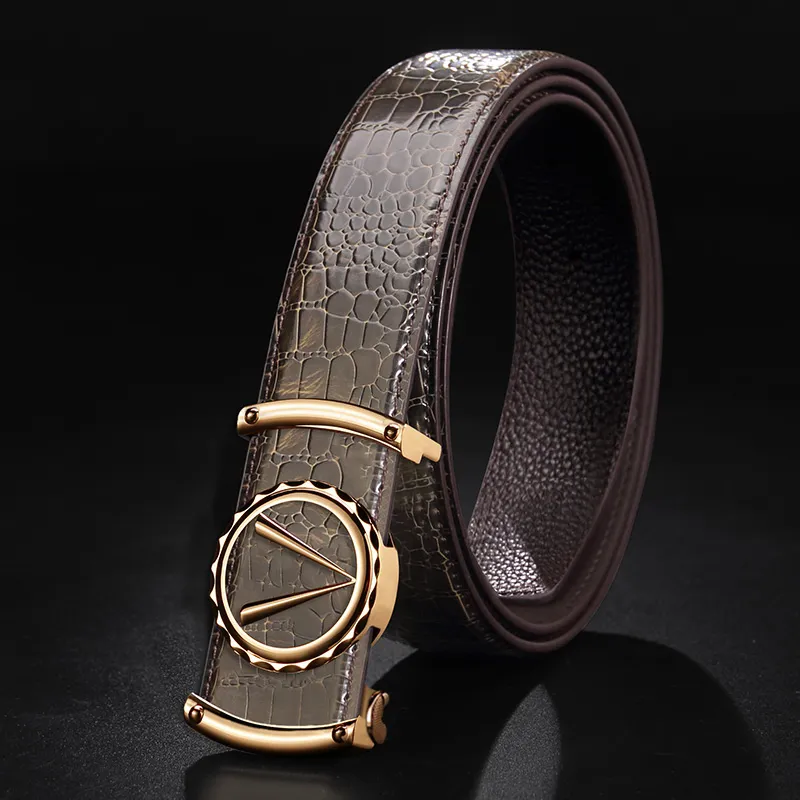 LUCKY LION Automatic Buckle Crocodile Pattern Belt Casual Cow Split Leather Belts Men's-4
