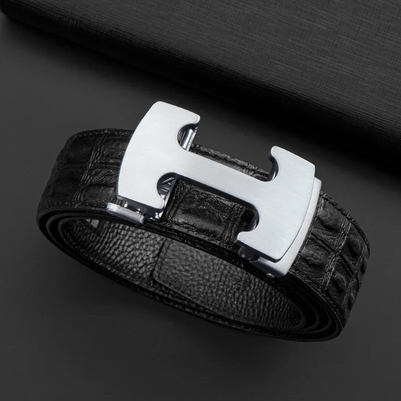 LUCKY LION Genuine Leather Crocodile Pattern Automatic Buckle Leather Belts Men's-18