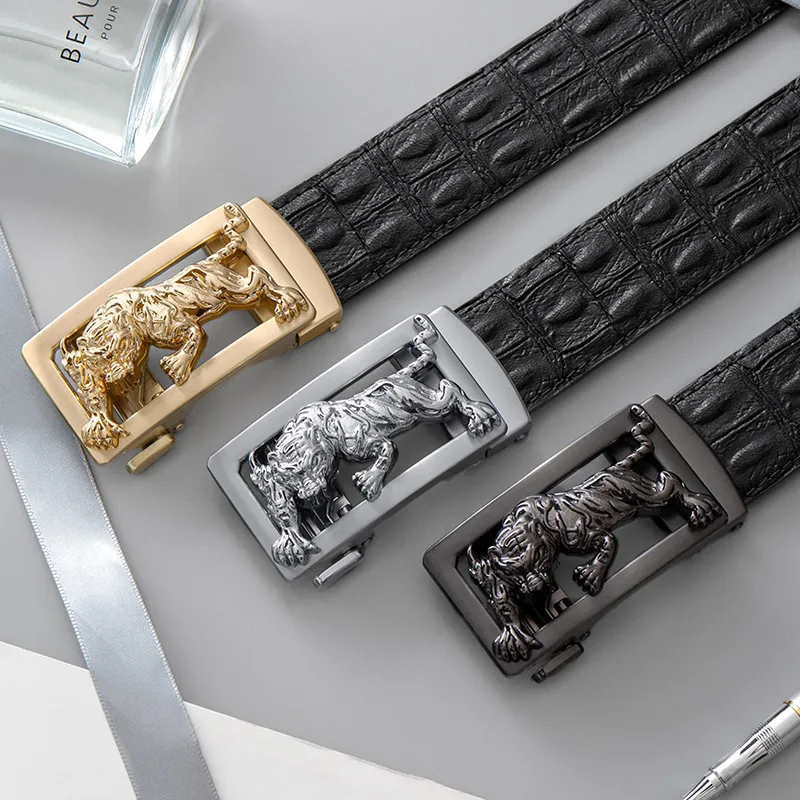 LUCKY LION Crocodile Pattern Belted Casual Automatic Buckle Top Grain Cow Leather Belts Men's-5