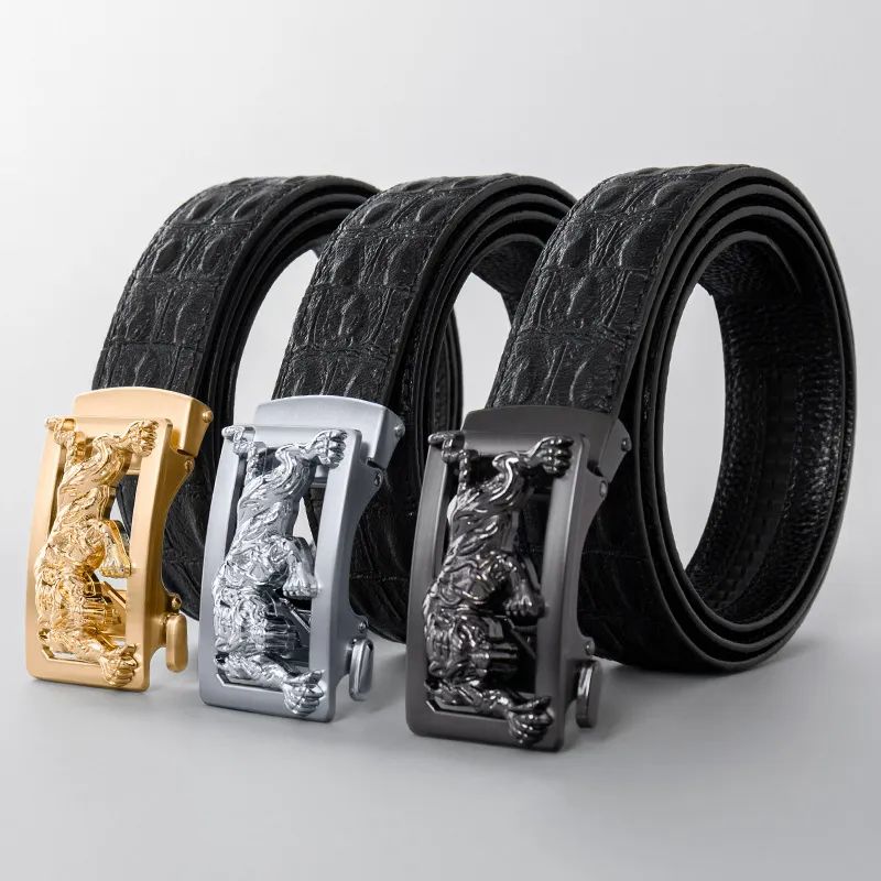LUCKY LION Crocodile Pattern Belted Casual Automatic Buckle Top Grain Cow Leather Belts Men's-4