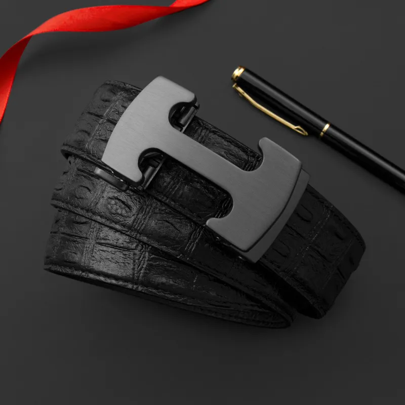 LUCKY LION Genuine Leather Crocodile Pattern Automatic Buckle Leather Belts Men's-10